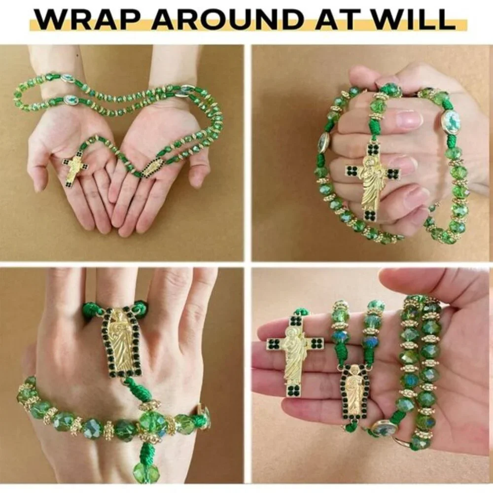 Exquisite Rosary Saint Jude Cross Pendant Mexican Necklace - Braided Cord Green